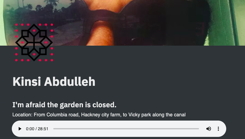 A screen shot of a page on a website showing an audio control and a photo of a woman wearing large dark glasses 